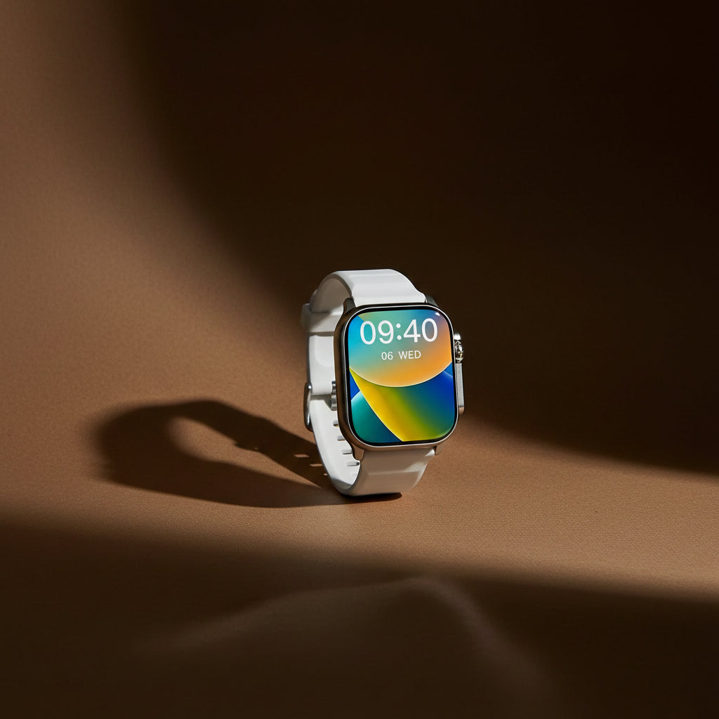 Side angle view of smart watch with health and fitness tracking display