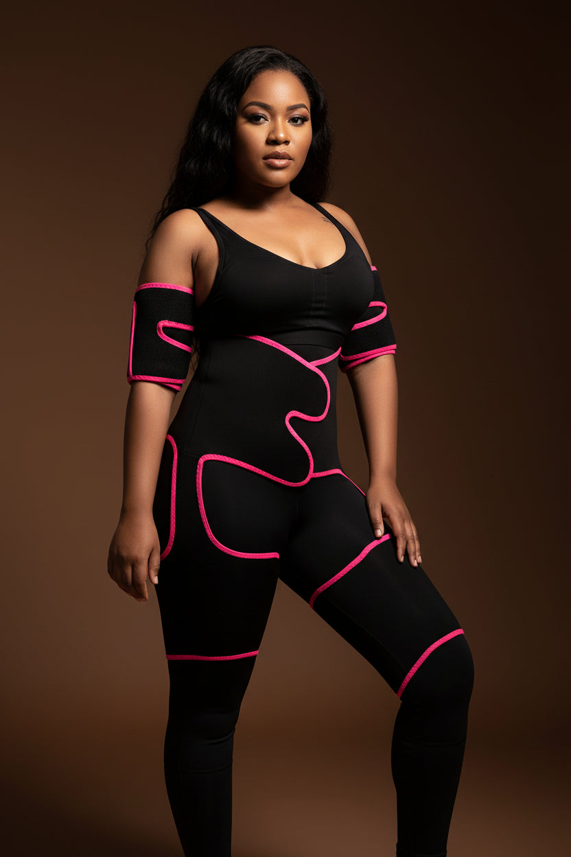 Woman wearing thigh trainer sleeves during workout session