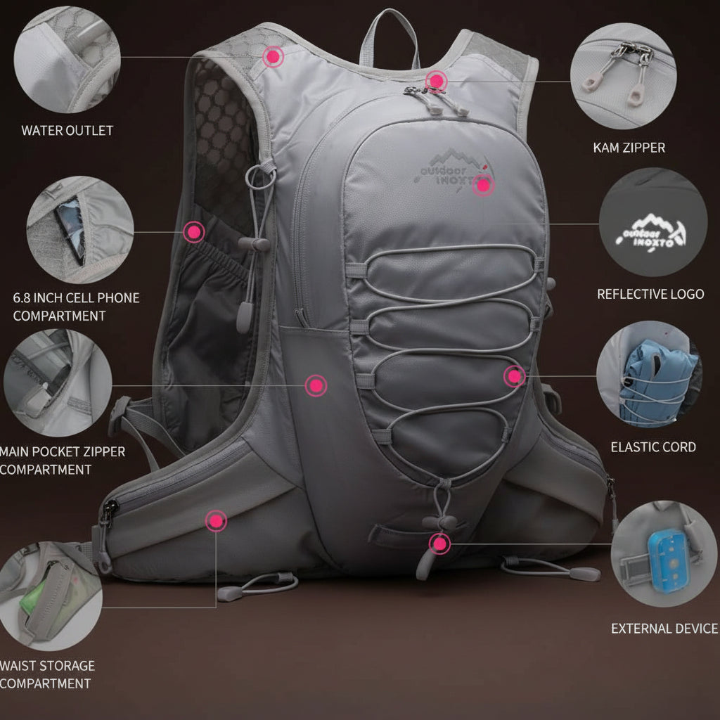 Close-up of adjustable chest straps and storage pockets on hydration running vest