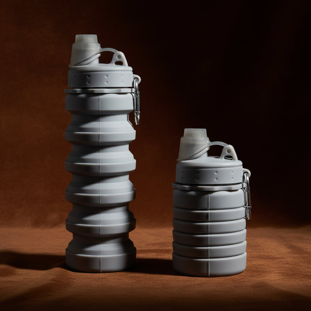 StackFold collapsible silicone travel cups stacked, gray, space-saving design