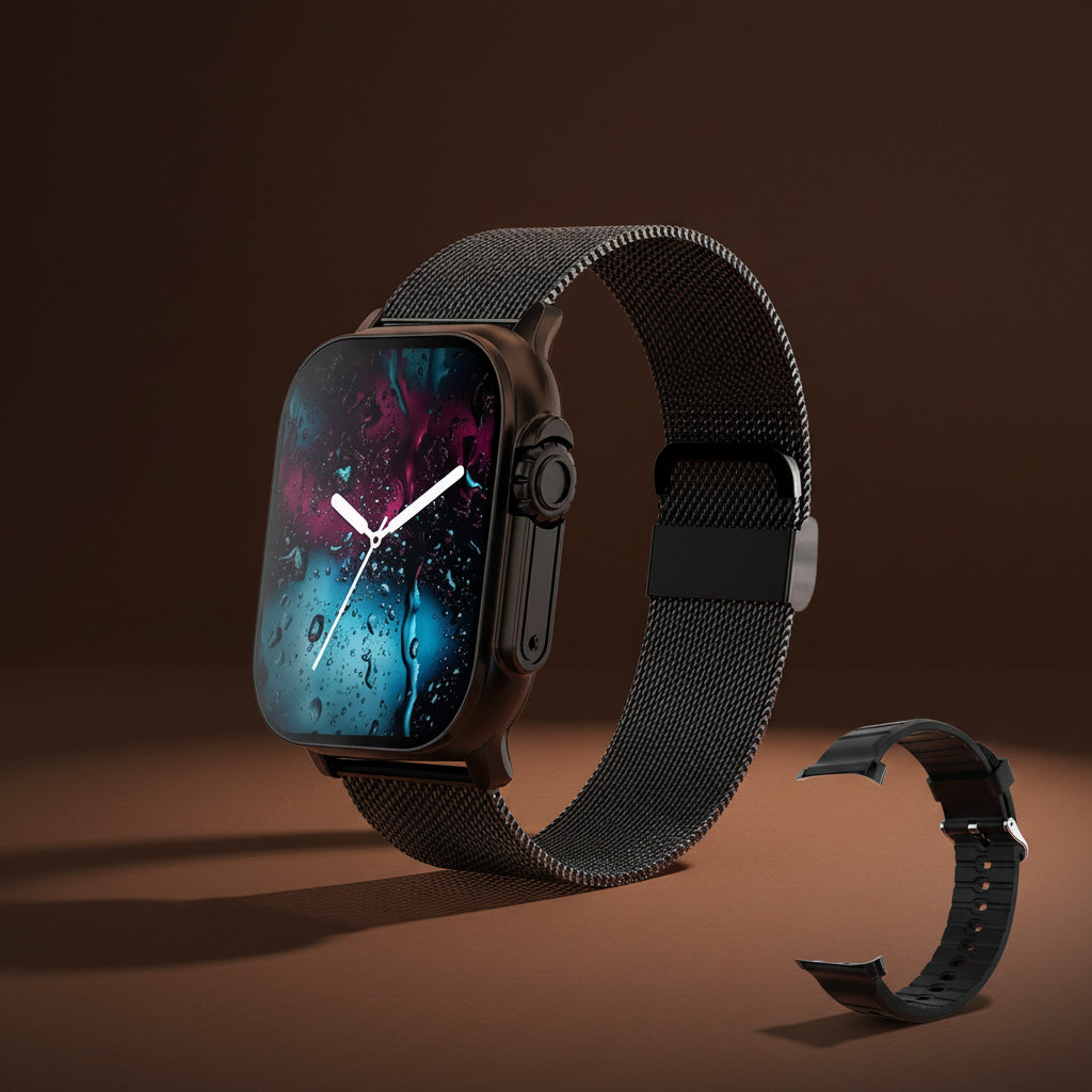 PulseFit HD smart watch with 2.01 inch color display and metal band