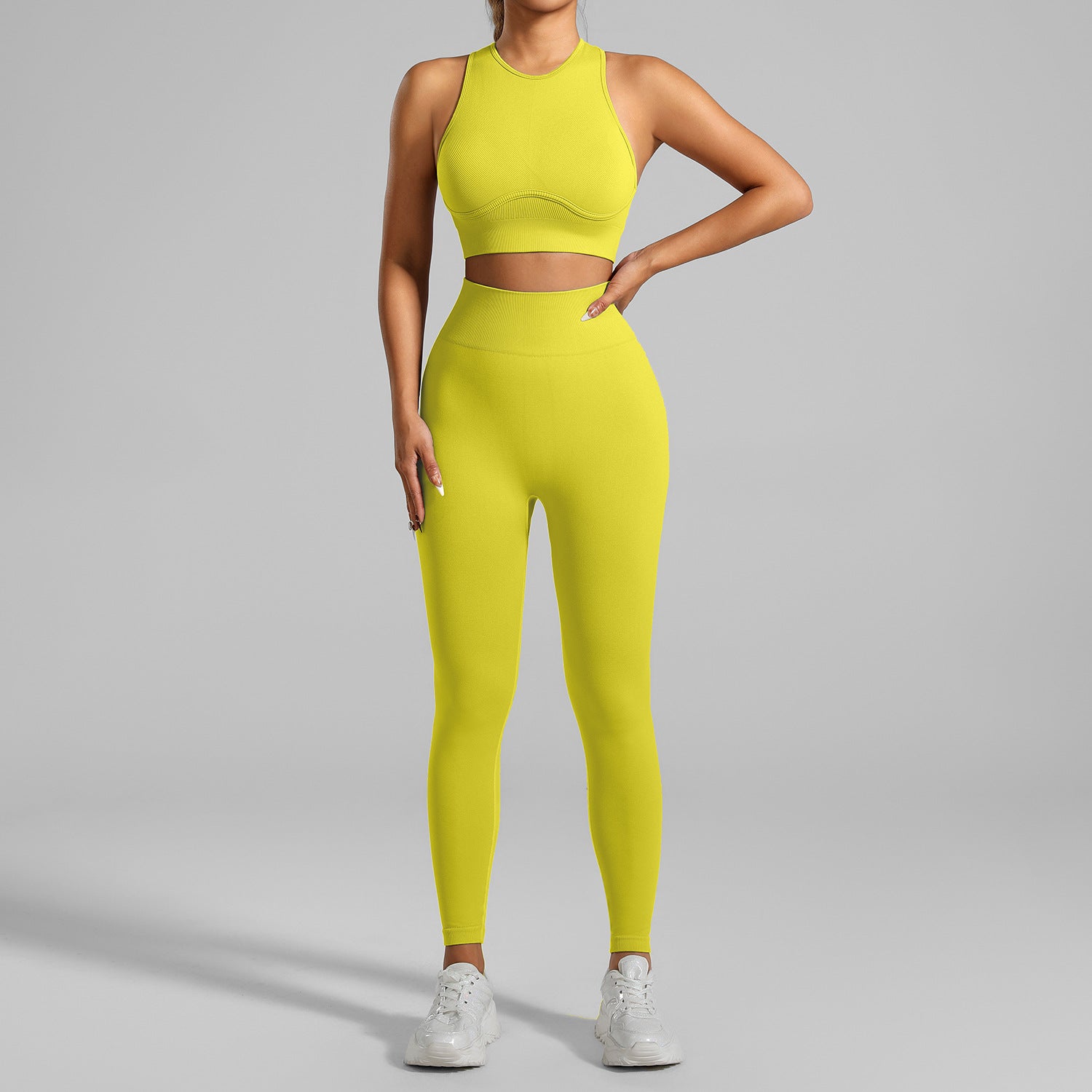 Detail of quick-dry high-waist yoga leggings and crop top outfit