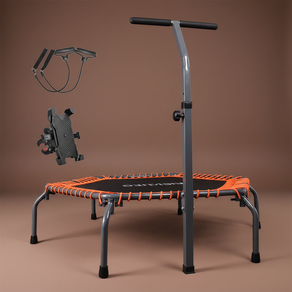 50 Inch Fold Fitness Trampoline with Adjustable Handrail, Elastic Rope and Mobile Phone Holder