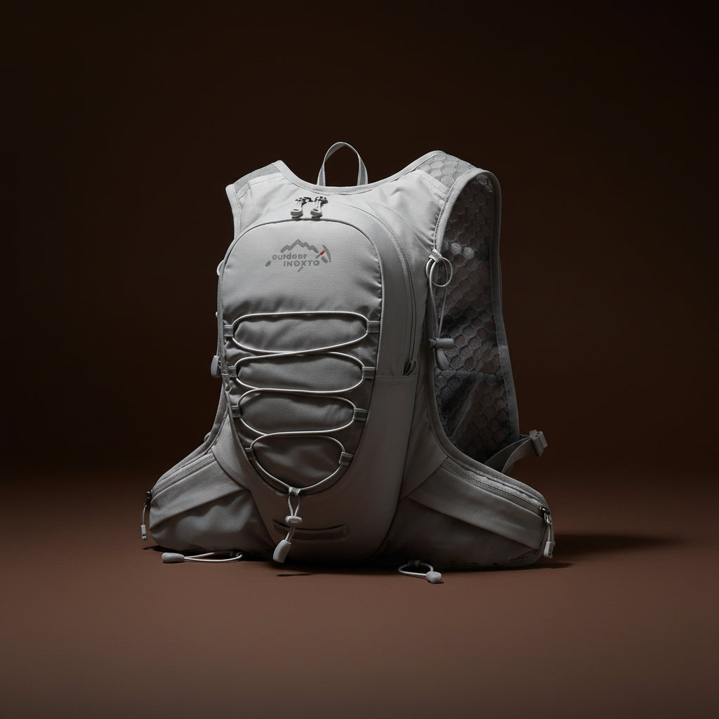 Front view of lightweight running hydration backpack with adjustable straps