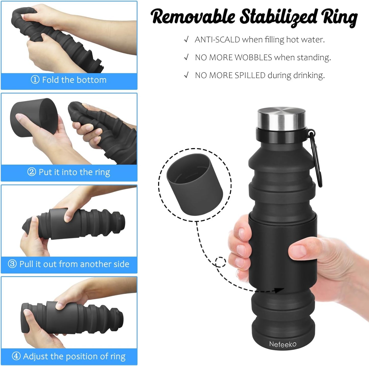 Collapsible Water Bottle, 18Floz Reuseable BPA Free Silicone Foldable Bottles for Travel Gym Camping Hiking, Portable Leak Proof Sports Water Bottle with Carabiner | Foldable Water Bottles for Travel Gym Camping Hiking, Portable Leak Proof Sports Water Bottle with Carabiner