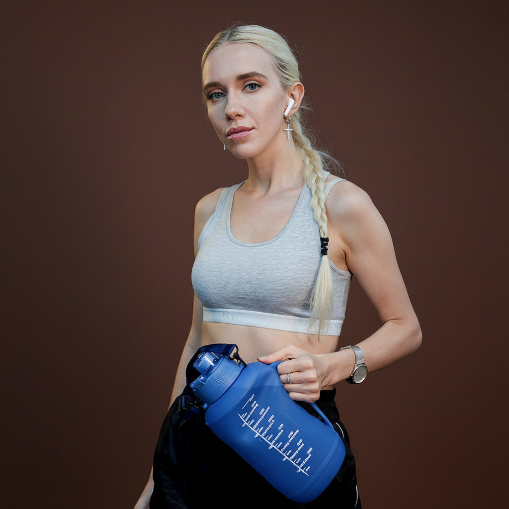 Woman carrying RollFit 64oz collapsible gym water bottle