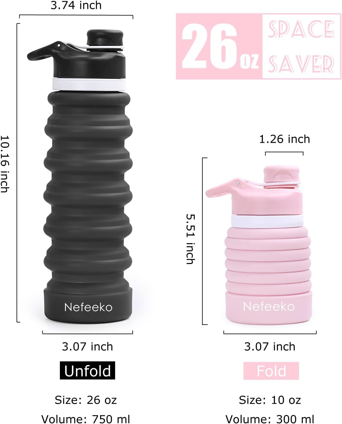 Collapsible Water Bottle, 26Oz Silicone Foldable Water Bottles | Leakproof BPA Free Travel Water Bottles with Carabiner,Portable Sport Water Bottles for Camping,Hiking Outdoor Indoor Sport