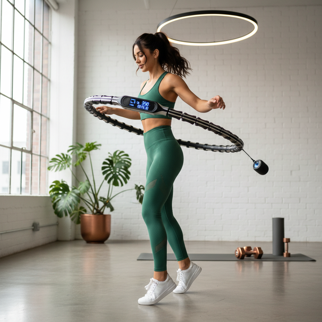 Woman using smart weighted hula hoop with LCD counter lifestyle photo