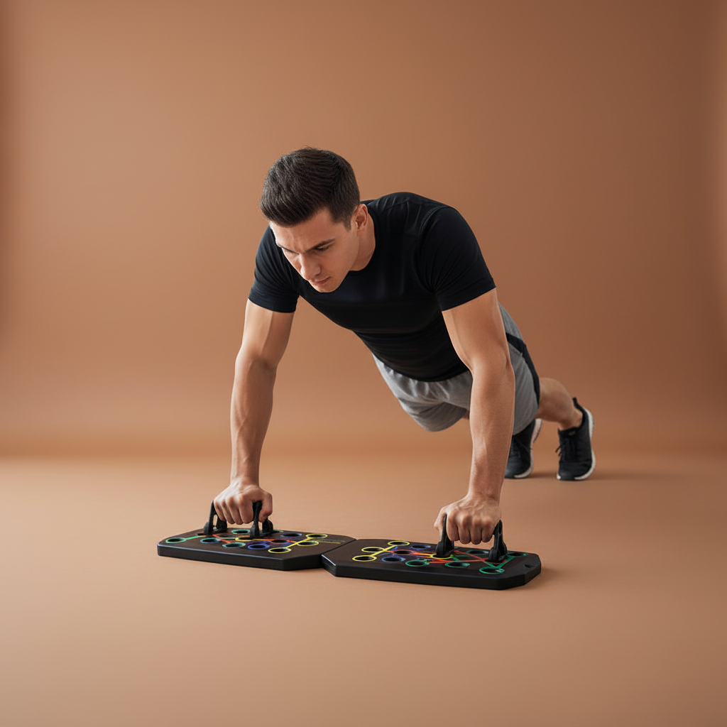 Fit man doing push-ups on colour-coded foldable push-up board in home gym
